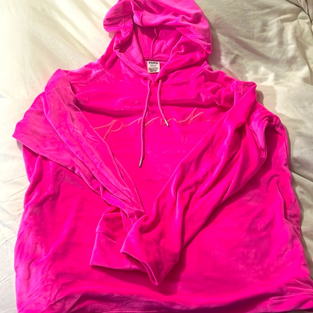 Super soft PINK velour hot pink hoodie with pockets.